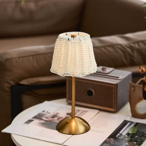 Vintage Rattan Table Lamp Rechargeable Retro Bedside Light Elegant Decor Lamp for Bedroom Restaurant Bar