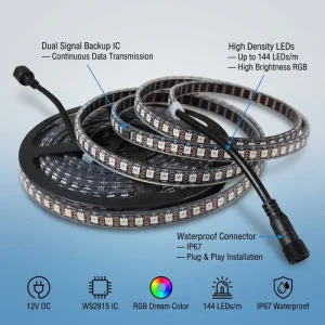 WS2815 RGB DC12V 144 LEDs Per Meter Dual Signal IP67 Waterproof Addressable Pixel Strip Light With Breakpoint Resume Function