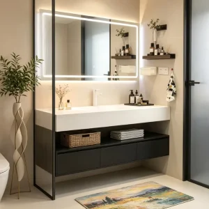Wall-mounted Floating Bathroom Furniture Stone Slab Vanity with LED Smart Mirror Customizable Colors OEM ODM