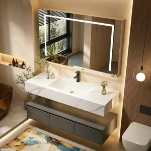 Wall mounted Floating Bathroom Vanity Seamless Stone Basin LED Anti fog Smart Mirror Custom colored Storage Cabinet OEM ODM