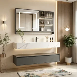 Wall-mounted Floating Bathroom Vanity with Stone Slab Countertop LED Backlit Mirror Bathroom Vanity Set OEM ODM