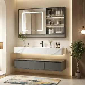 Wall-mounted Floating Vanity Cabinet Integrated Sintered Stone Basin Dimmable LED Smart Mirror Large-capacity Drawers OEM ODM