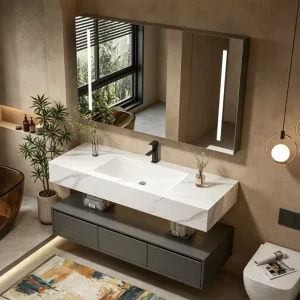 Wall-mounted Slate Countertop Waterproof Bathroom Cabinet Touch-control LED Anti-fog Mirror Customizable Colors OEM ODM