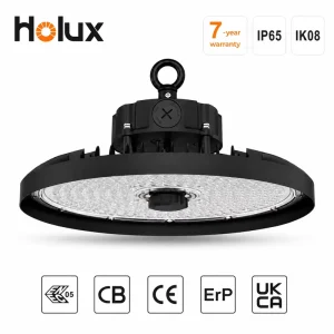 Warehouse UFO LED High Bay Light 7-Year Warranty PC Lens Liteon 5050 LED Chips 200 lm Per W IP65 IK08 6kV Surge Zhaga Ready