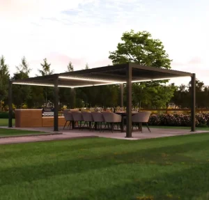 Water Draining Louvered Aluminum Pergola With LED Light Strip Outdoor Dining Area Canopy