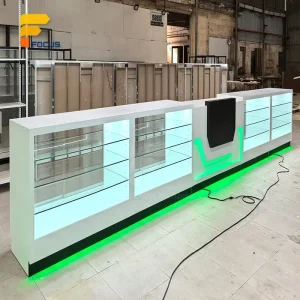 White Retail Store Tempered Glass Display Showcase Counter LED Lighting Custom Commercial Shop Fixture Cabinet