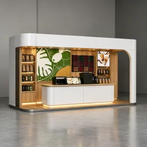 Wooden All Inclusive Shopping Mall Beverage Sales Booth with Embedded Illuminated Shelves and Integrated Cashier Counter