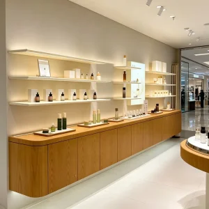 Wooden Rounded Corner Experience Display Cabinet Wall Mounted Suspended Backlit Layer Cosmetics Display Table