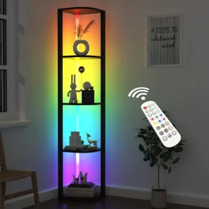 Wooden Showcase 5 Tiers Corner Shelf with Light Tall Display Shelf for Living Room Collection Wine Display Rack Stand