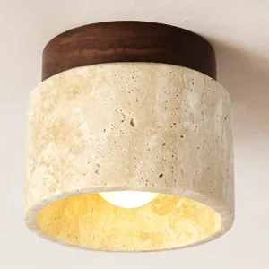 Yellow Travertine LED Ceiling Lamp Japanese Wooden Downlight Round Wood Light for Living Room Corridor Porch Balcony